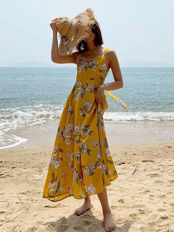 Printed Backless Split-front Sleeveless Maxi Dress