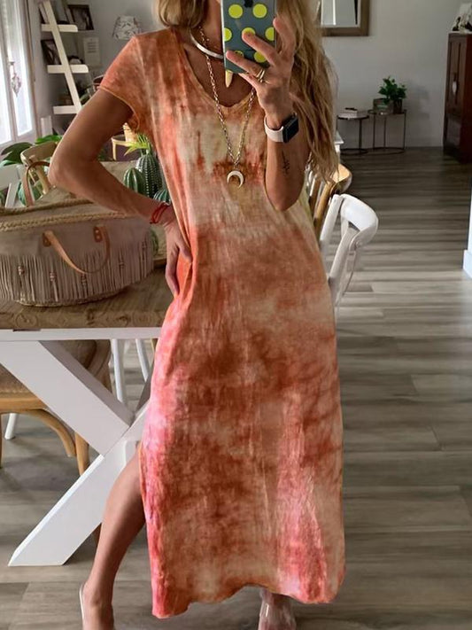 Tie-dyed Split-side V-neck Maxi Dress