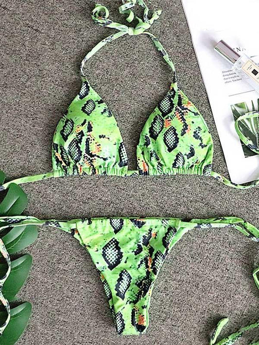 Snake-Print Triangles Bandage  Backless Split Bikini Swimsuit