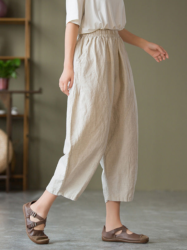 Simple Loose Linen Solid Color Split-Joint Pleated Drawstring Casual Pants