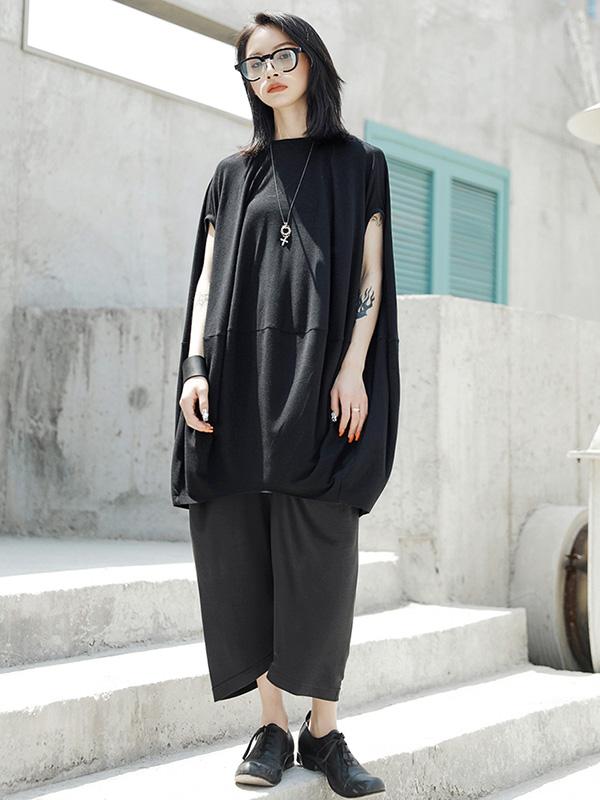 Loose Cloak Black Long T-shirt