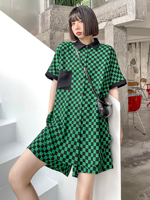 Stylish Plaid Buttoned Lapel Short Sleeves Loose Two Pieces Set