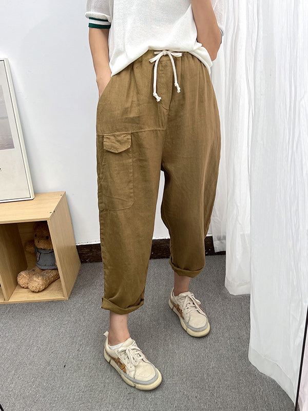 Simple Casual Loose Ramie Cotton Solid Color Drawstring Harem Pants