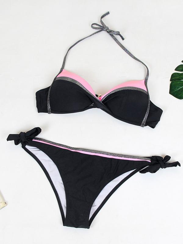 Plus Size Contrast Color Lace-up Bikini Set