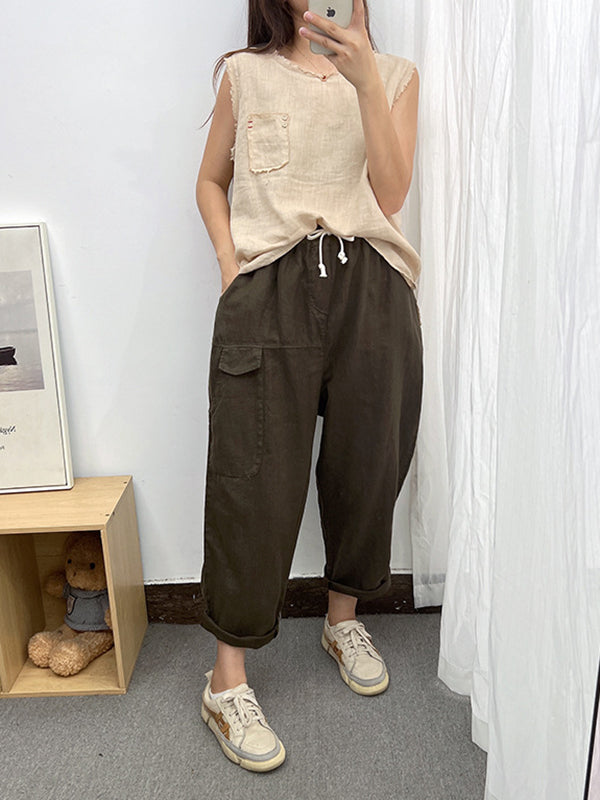 Simple Casual Loose Ramie Cotton Solid Color Drawstring Harem Pants