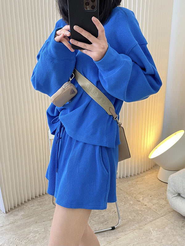 Casual Solid Color Sweatshirts& Drawstring Wide Leg Shorts Suits