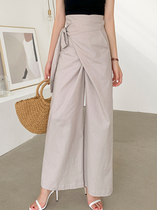 Simple 9 Colors Ramie Cotton Tied High-Waisted Pants