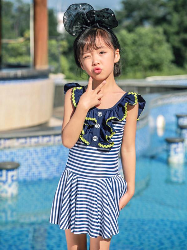 AONIHUA Ruffled Stripes Dress Swimwear