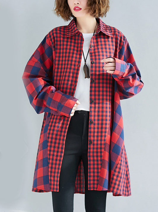 Fashion Plaid Lapel Long Sleeve Blouse Top