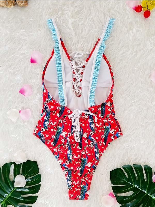 Printed Sexy Lace-Up One-piece Swimwear