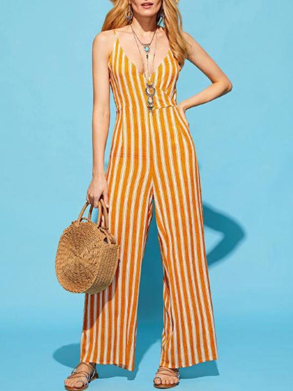 Sexy Backless Stripes Loose Spaghetti Jumpsuit