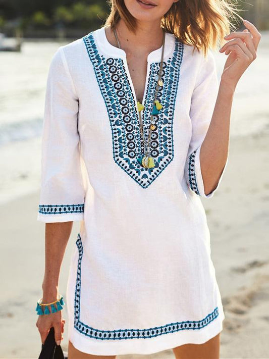 V-neck Half Sleeves Beach Loose Cover-Ups