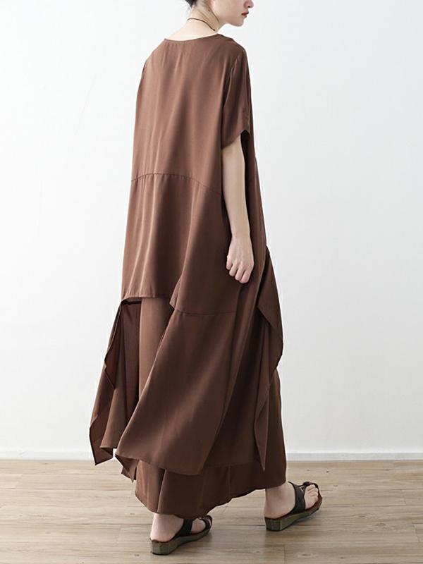 Loose Coffee Split-joint Cropped T-shirt&Wide Leg Pants Suits