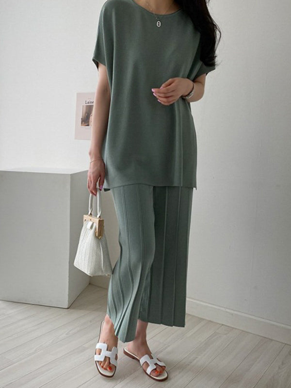 Casual Solid Color Split-Side Round-Neck Batwing Short Sleeves T-Shirt+Pleated Wide Leg Pants 2 Pieces Set