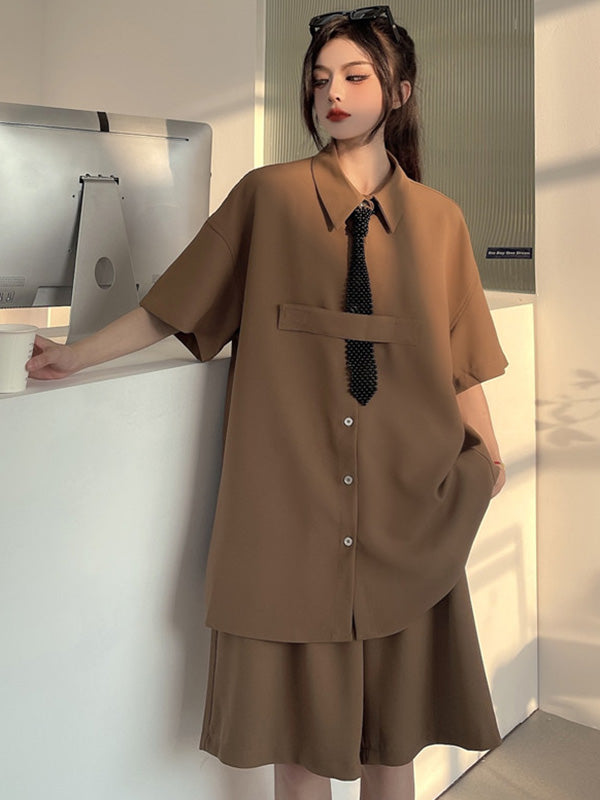 Cool Chic Loose Split-Joint Solid Color With Tie Lapel Collar Half Sleeves Blouse&Pleated Wide Legs Shorts 2 Pieces Set