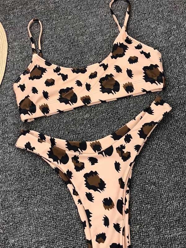 Leopard Plunge Neck Top With Panty Bikini Set