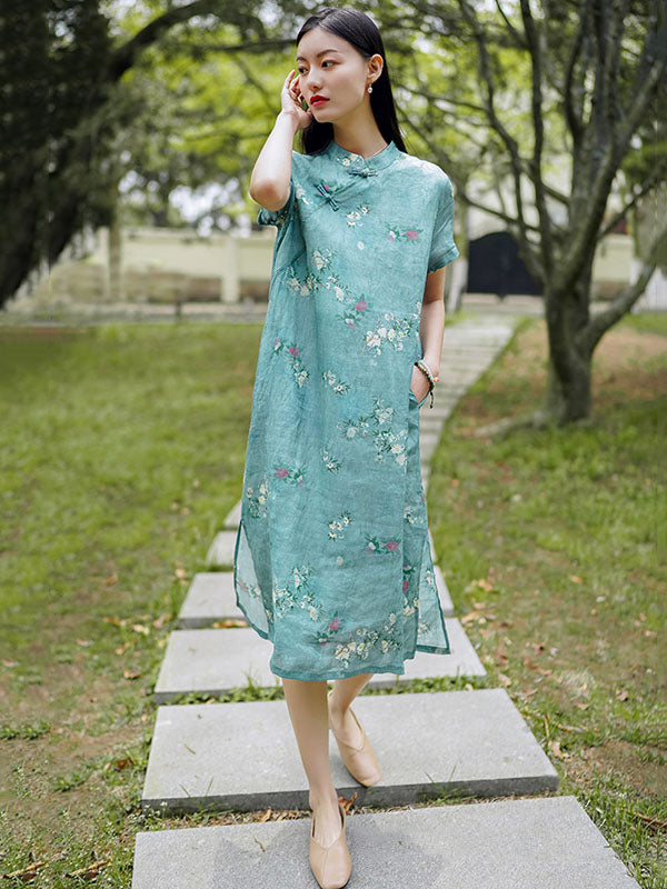 Vintage Ramie Cotton Floral Printed Stand Collar Split-Side Short Sleeves Dress Long Cheongsam