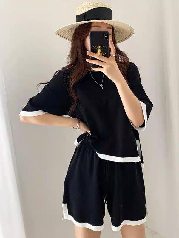 Casual Split-Side Round-Neck Half Sleeves T-Shirt+Shorts 2Pieces Set