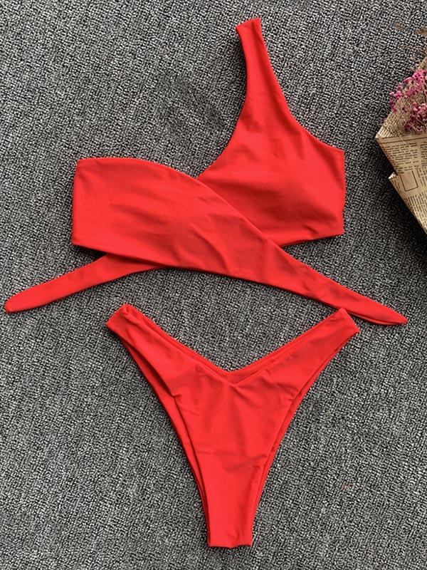 One-Shoulder Knotted Split Bikini Swimsuit