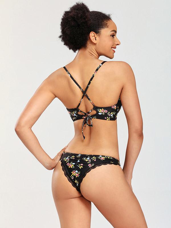 Floral-Print Hollow Split Bikini Swimsuit