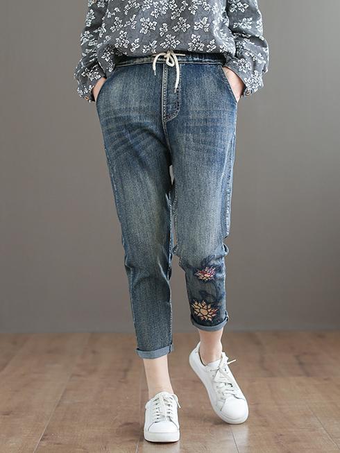 Embroidered Strap Elastic National Jeans Bottom