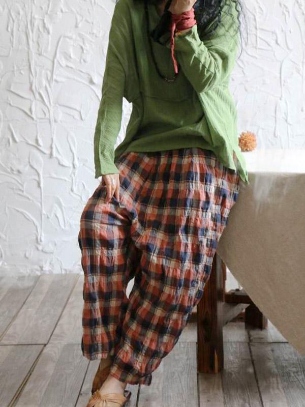 Casual Colorful Plaid Linen Pants