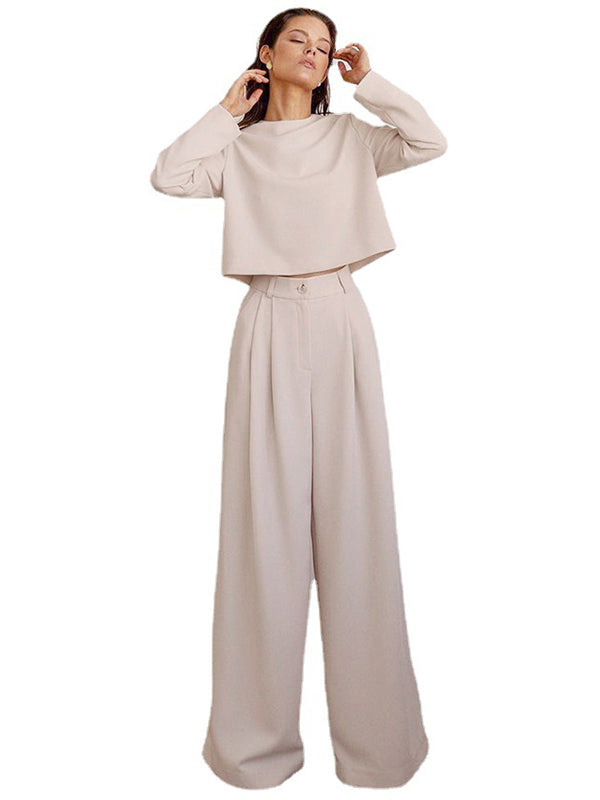 Casual Solid Color Round-Neck Long Sleeves T-Shirt+Wide Leg Pants 2 Pieces Set