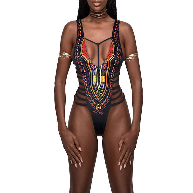 national style swimwear multi-belt printed sexy ONE-PIECE SWIMSUIT