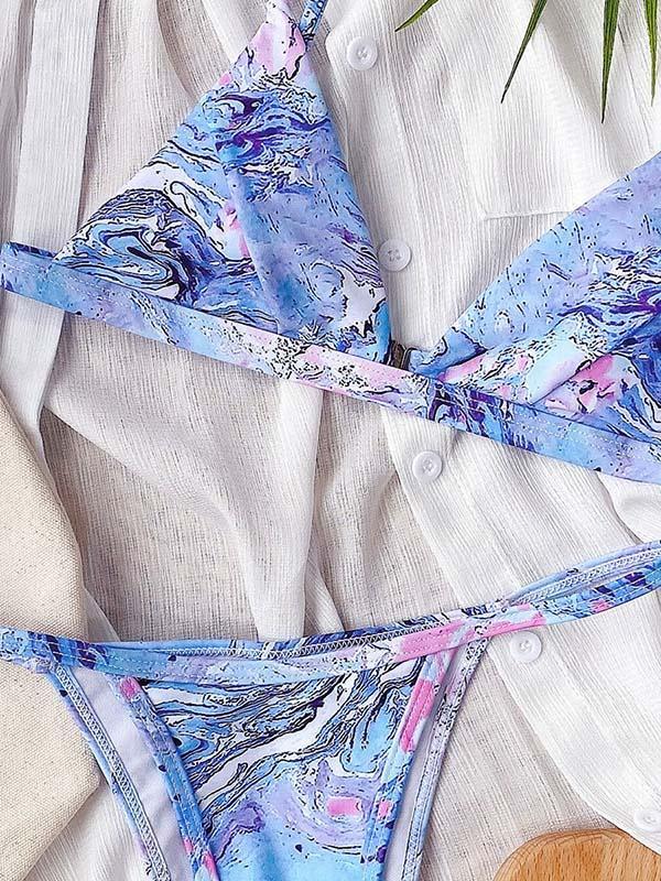 Tie-Dyed Floral-Print Triangles Split Bikini Swimsuit