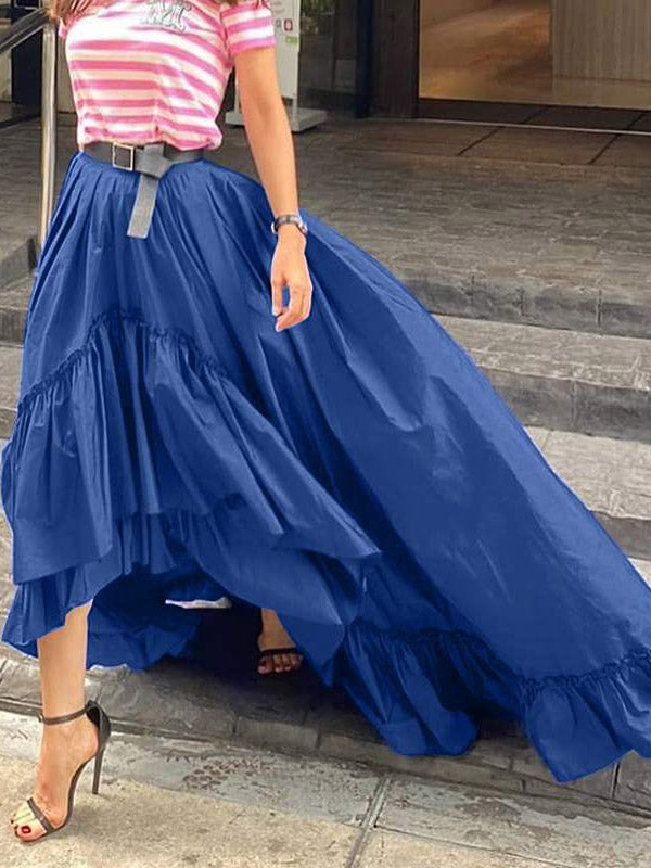 Stylish Solid Color Falbala Pleated Elasticity High-Low Long Skirt