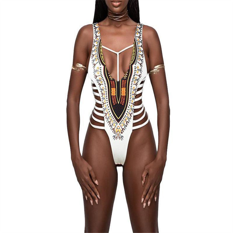 national style swimwear multi-belt printed sexy ONE-PIECE SWIMSUIT