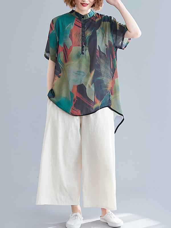 Chiffon Printed Short Sleeves Shirt + Wide Leg Pants Suits