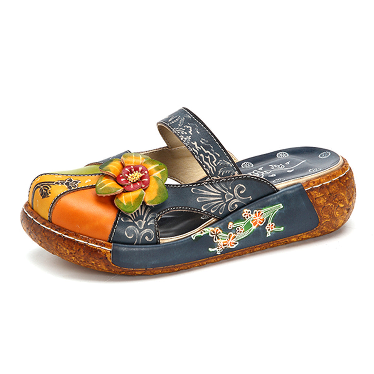 Hand-printed retro flat-soled sandals