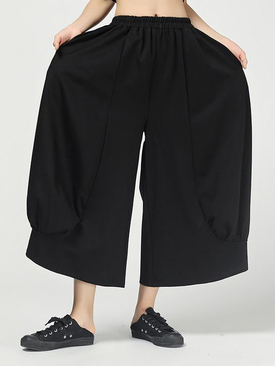 Solid Color Pleated Wide-Leg Culottes