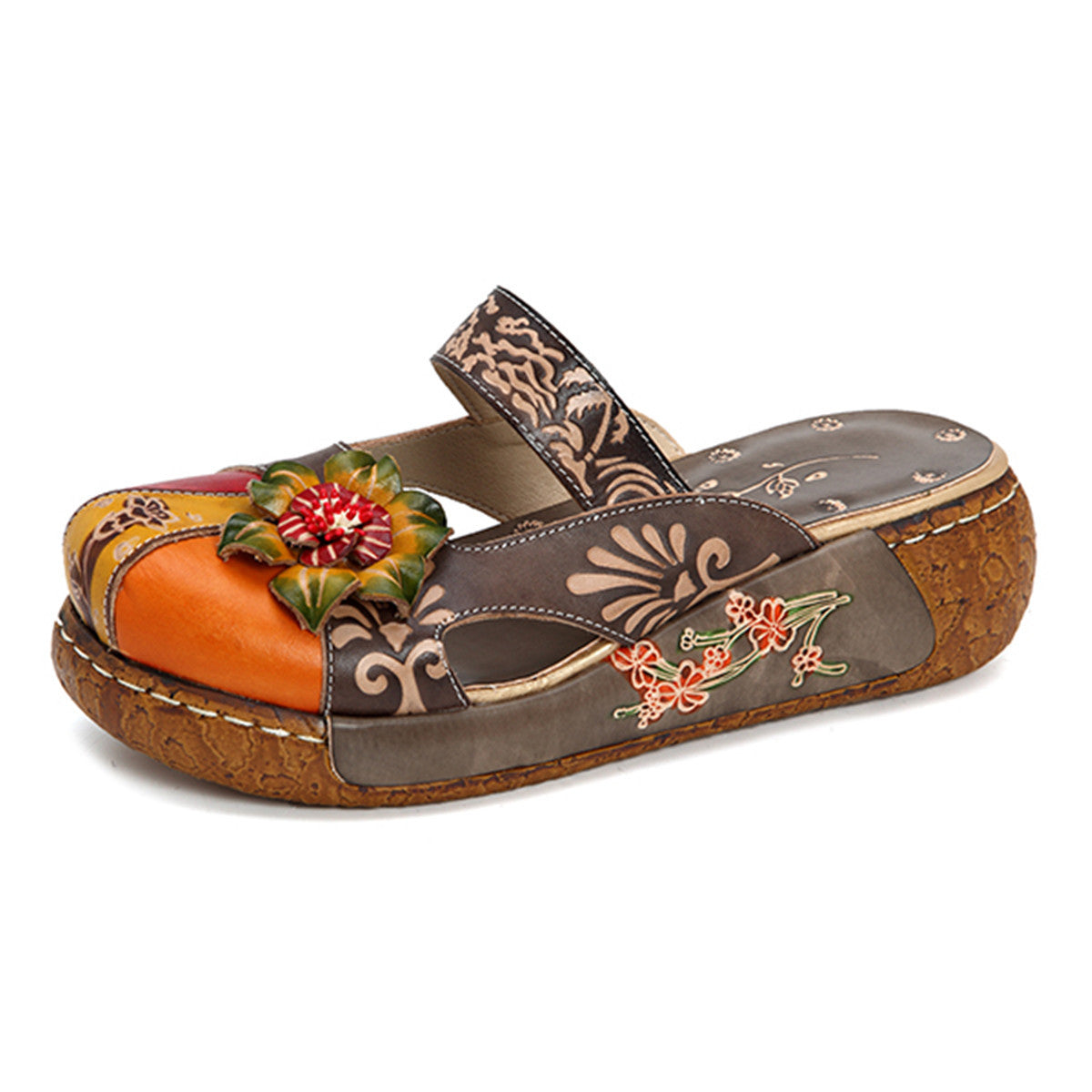 Hand-printed retro flat-soled sandals