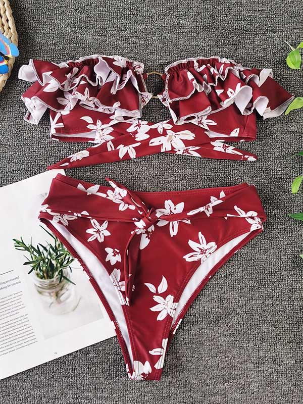 Floral-Print Ferrule Split Bikini Swimsuit