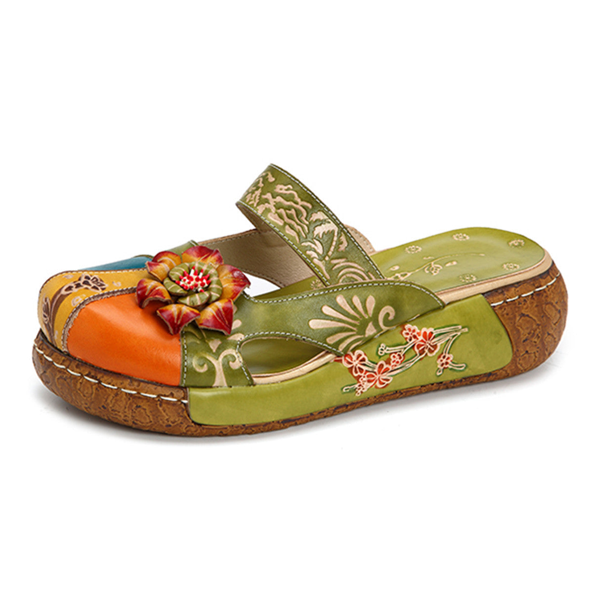 Hand-printed retro flat-soled sandals