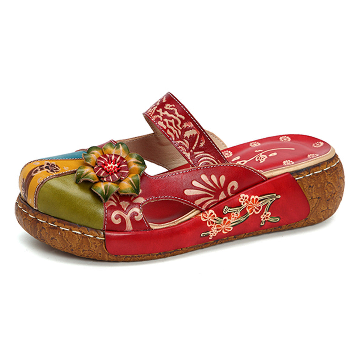 Hand-printed retro flat-soled sandals