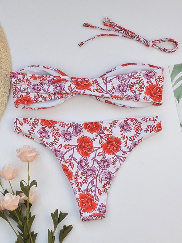 Sexy Spaghetti-Neck Knotted Printing Split Type Bikini Swimsuit