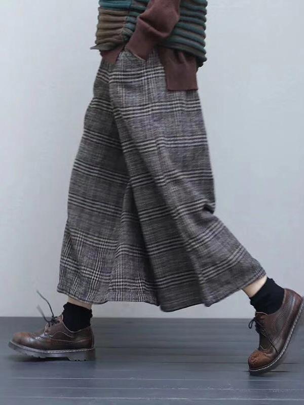 Loose Plaid Elastic waist  Wide leg Pants