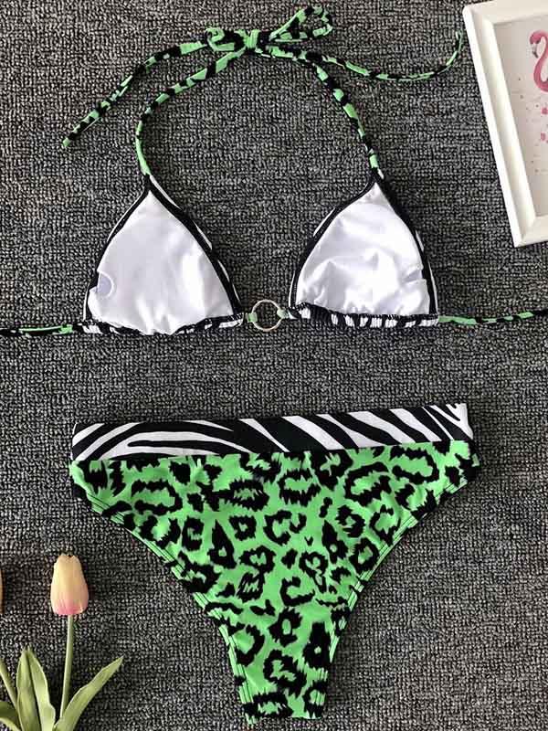 Animal Print Split-Joint Triangles Split Bikini Swimsuit