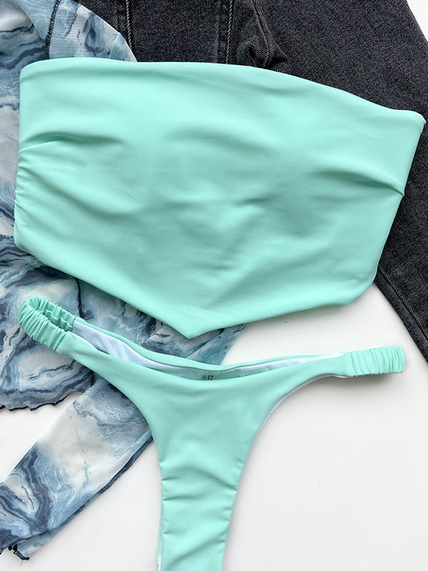 Beach Cold Shoulder Solid Color Bikini Swimsuit