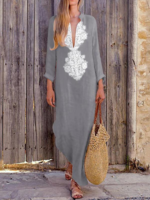 Deep V-neck Long Sleeves Split-side Maxi Dress