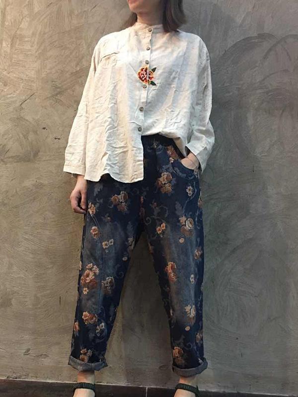 Vintage Denim Floral Harem Pants