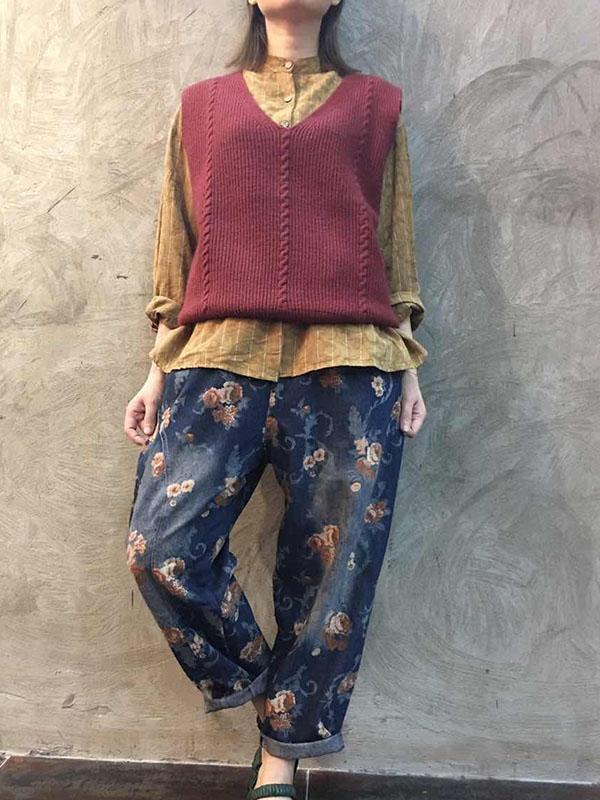 Vintage Denim Floral Harem Pants