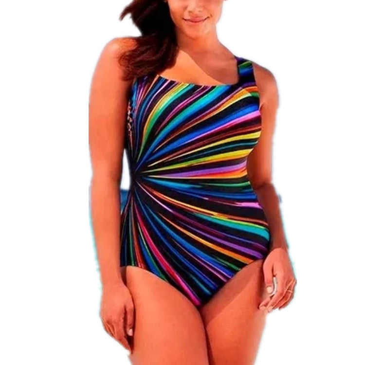 Oversized Feipo Stripe Print and fat all ONE-PIECE SWIMSUIT