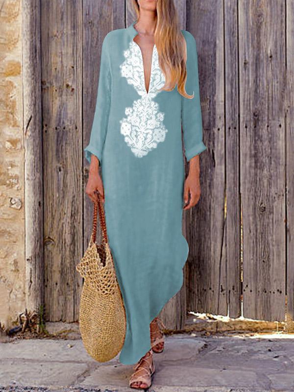 Deep V-neck Long Sleeves Split-side Maxi Dress