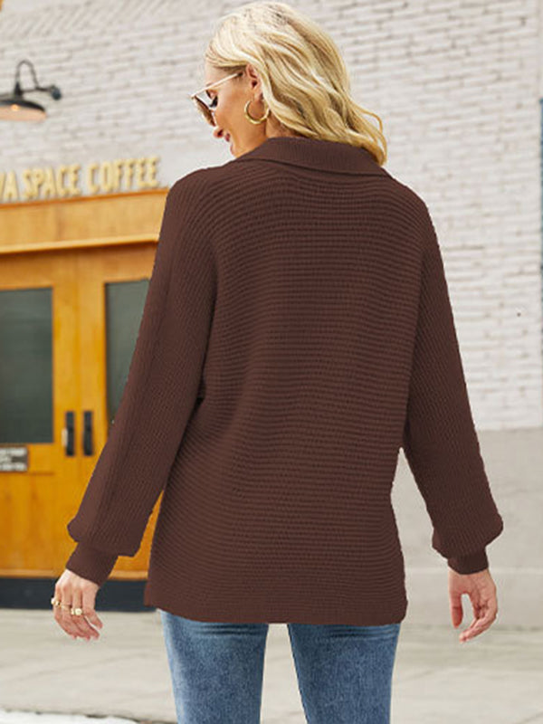 Long Sleeves Solid Color Lapel V-Neck Sweater Tops