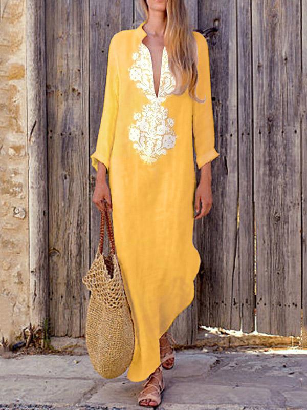 Deep V-neck Long Sleeves Split-side Maxi Dress