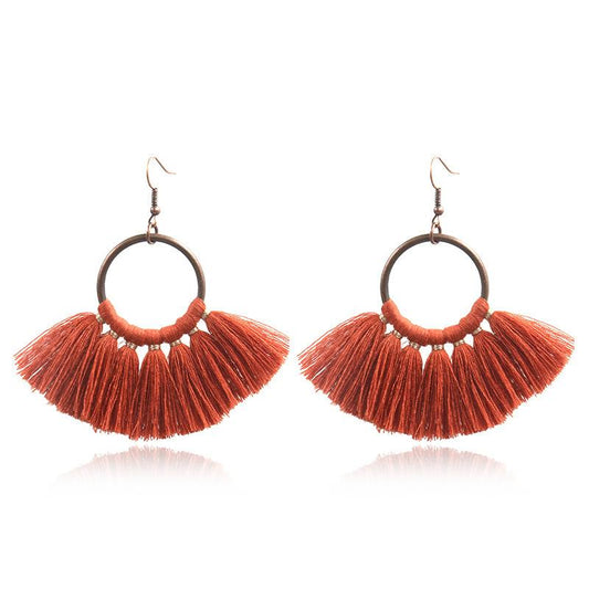 creative handmade fan-shaped tassel Bohemian earrings